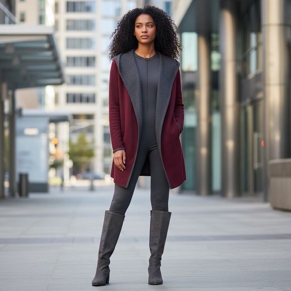 blanc noir Sweaters - Women's Burgundy and Gray Open Front Sweater
